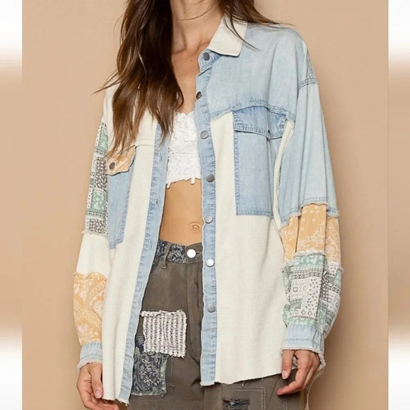 New! POL Oversized Contrast Denim Ivory Fabric Panels Button Down Shacket - Picture 10 of 13